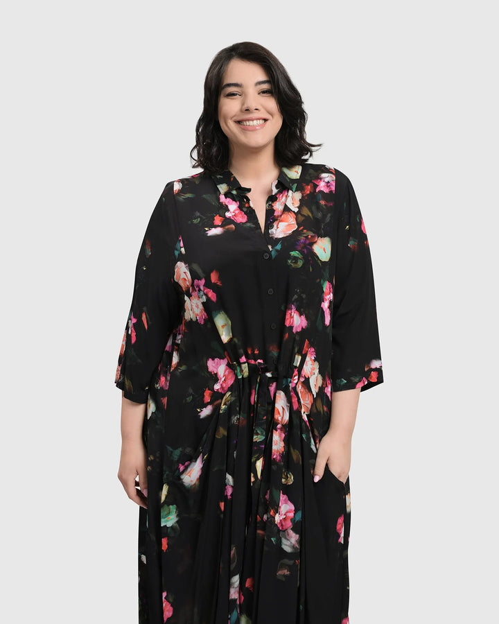 DRINKS-ON-ME MAXI SHIRT DRESS, FLORAL