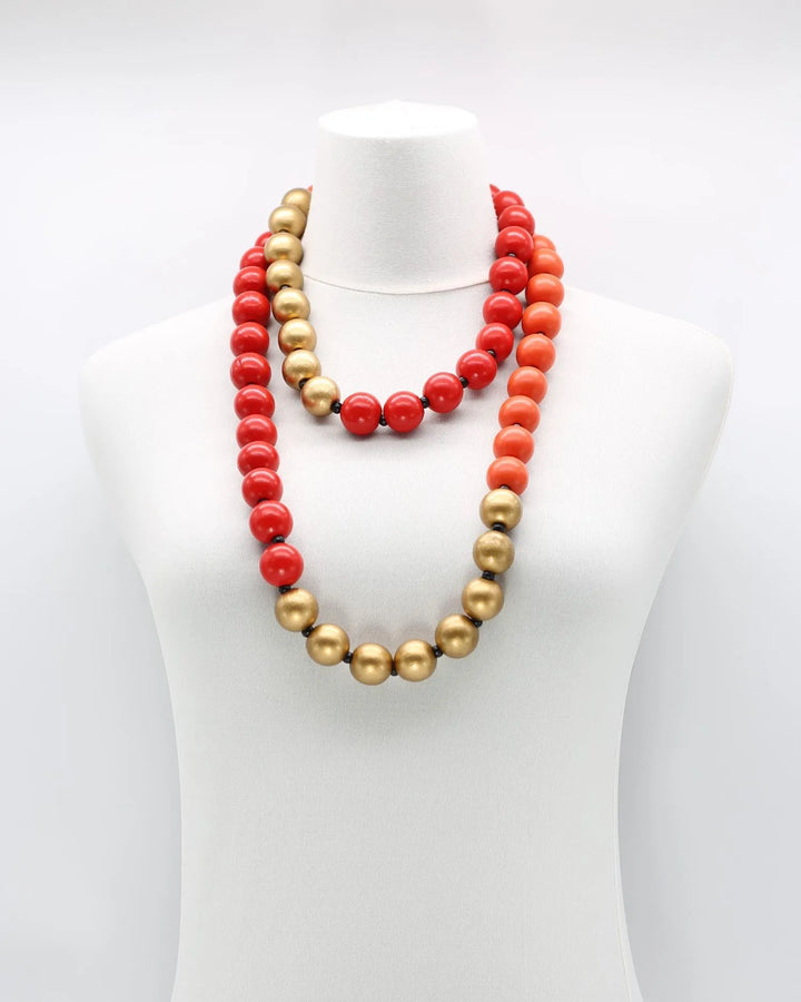 Tricolor Big Bead Necklace, Orange/Red/Gold