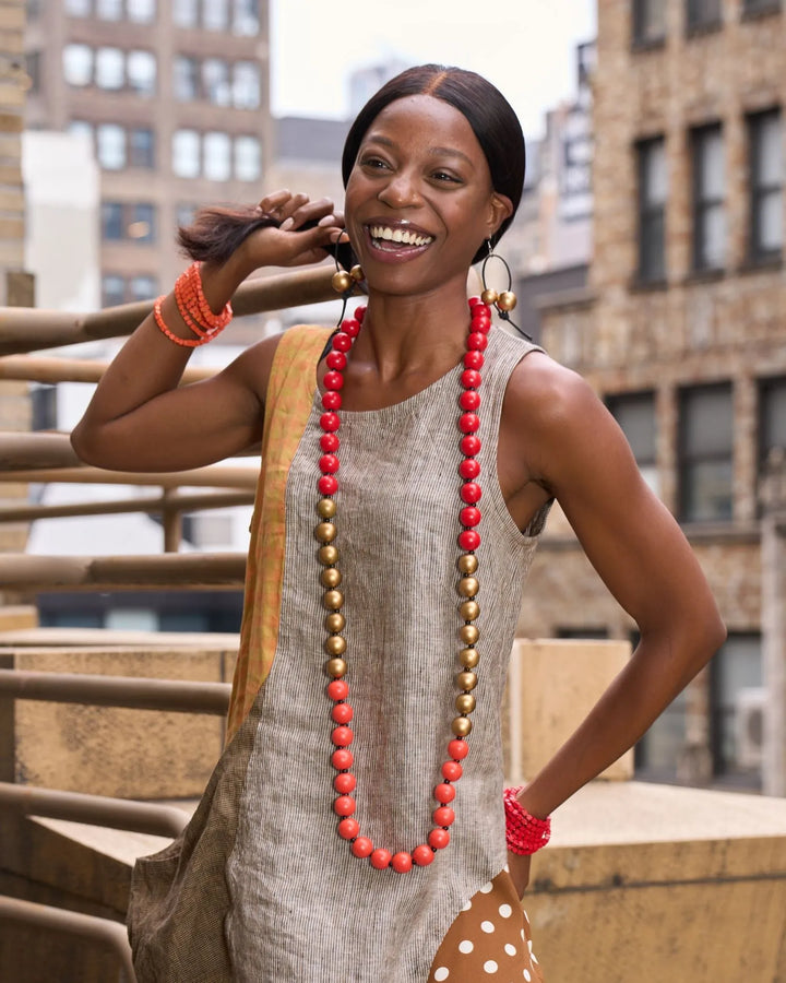 Tricolor Big Bead Necklace, Orange/Red/Gold