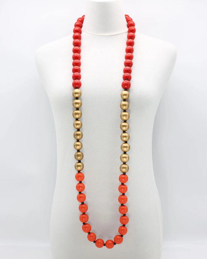 Tricolor Big Bead Necklace, Orange/Red/Gold