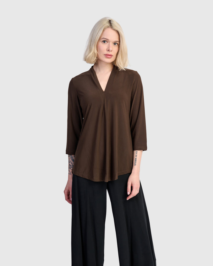 Essential Slinky V-neck Top, Sepia