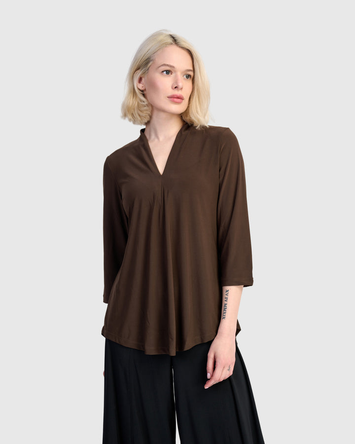 Essential Slinky V-neck Top, Sepia