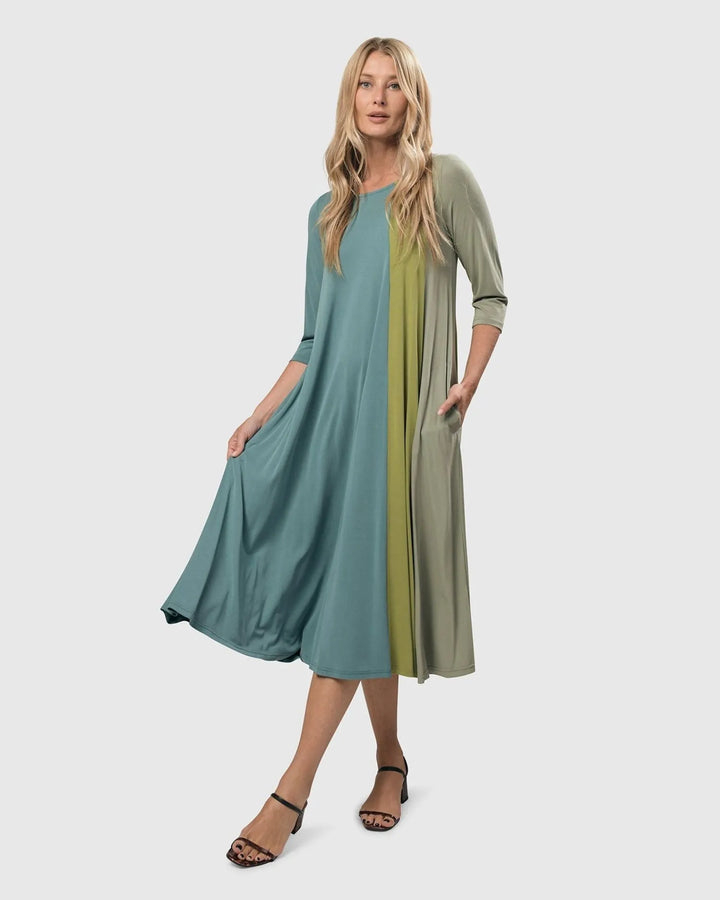 Tricolor Trapeze Maxi Dress, Teal/celery