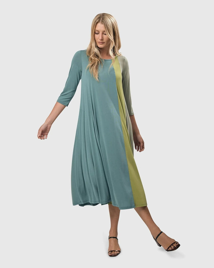 Tricolor Trapeze Maxi Dress, Teal/celery