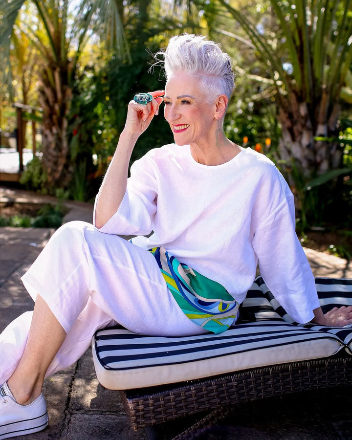 Lagoon Dot Linen Top, White