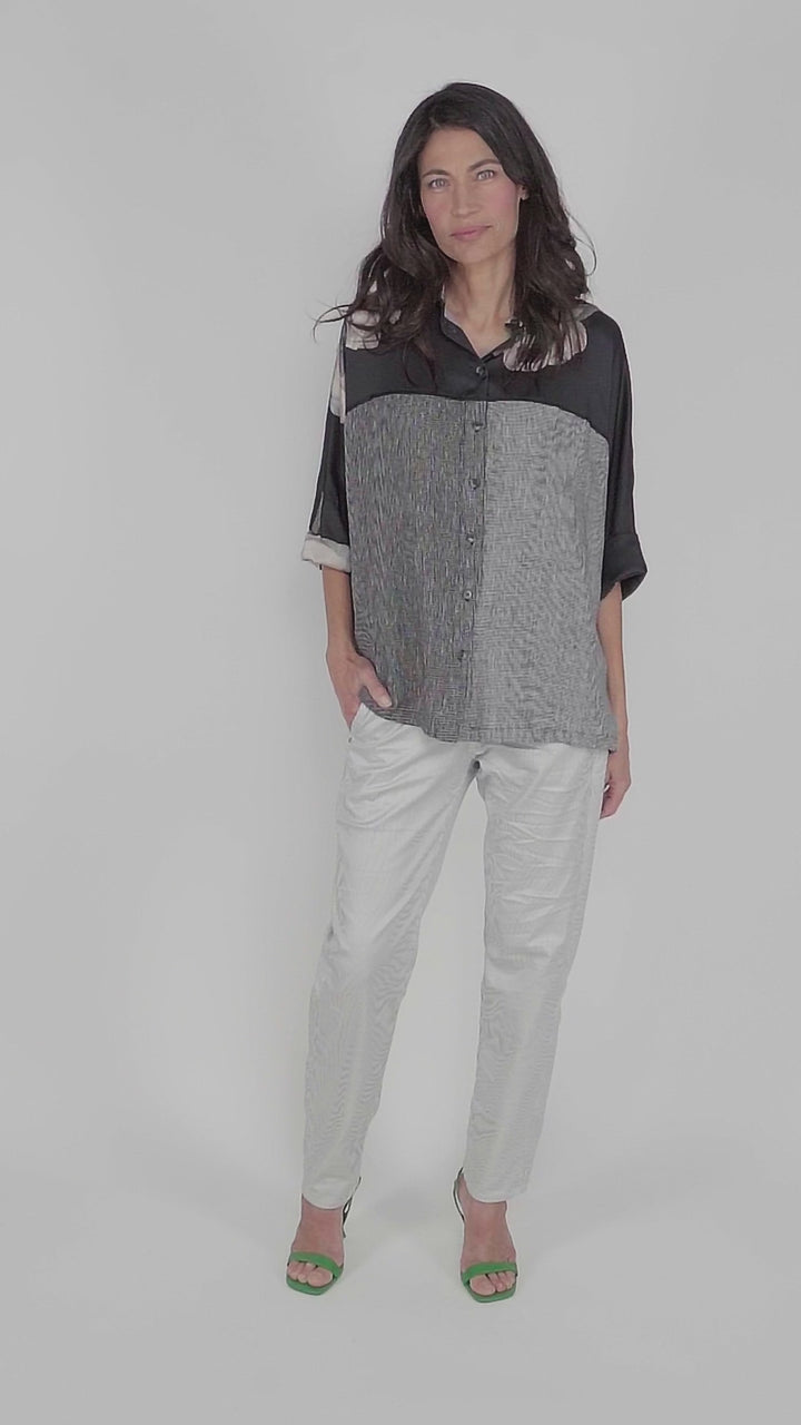 Mia Rose-Yoked Linen Shirt, Grey Mix
