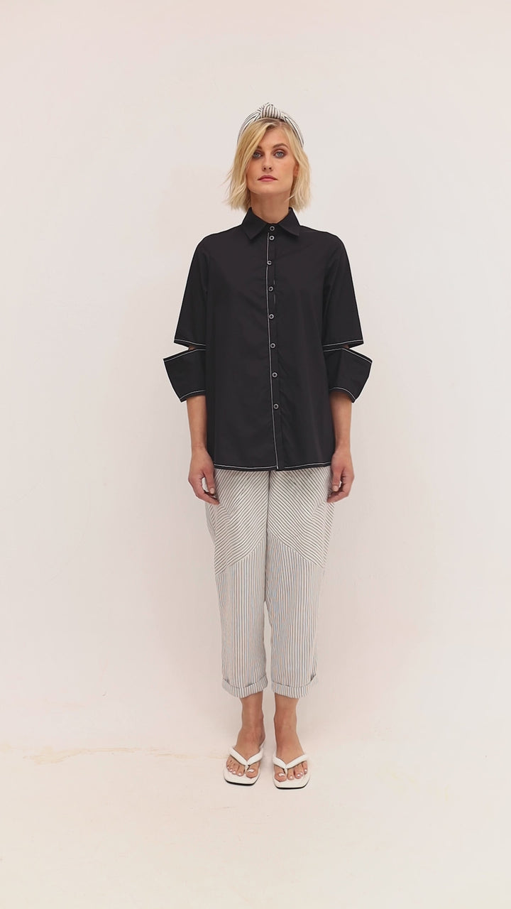 Ozai N Ku Topstitch Button-Down Shirt, Black