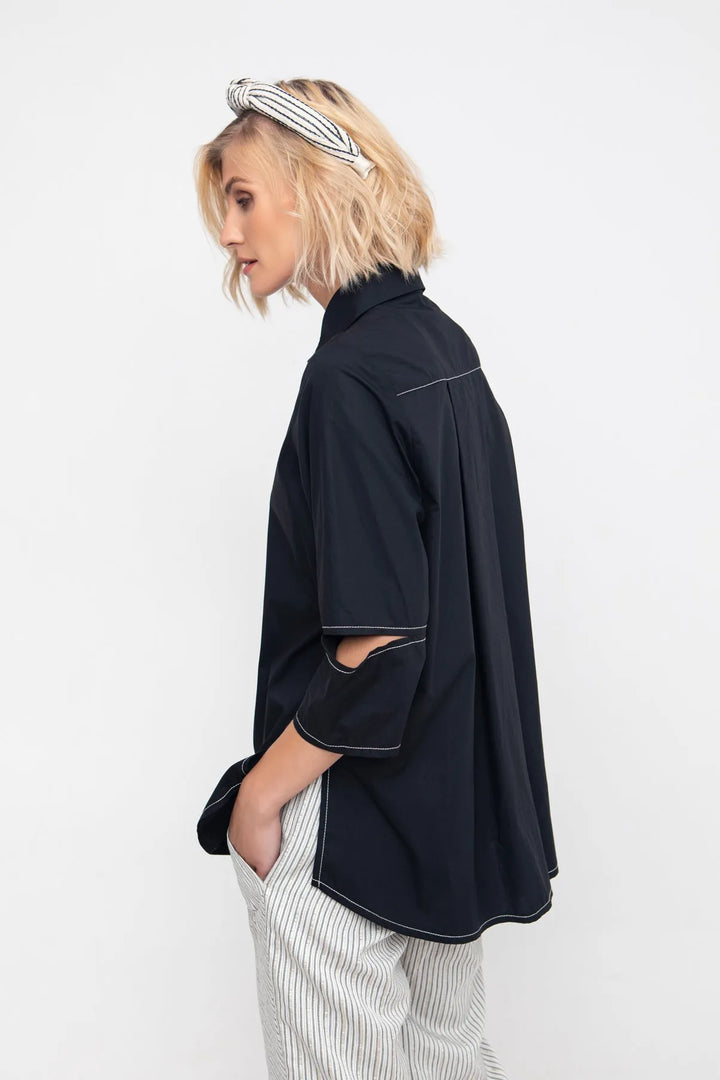 Ozai N Ku Topstitch Button-Down Shirt, Black