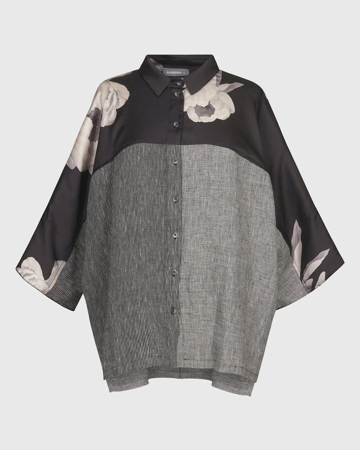 Mia Rose-Yoked Linen Shirt, Grey Mix