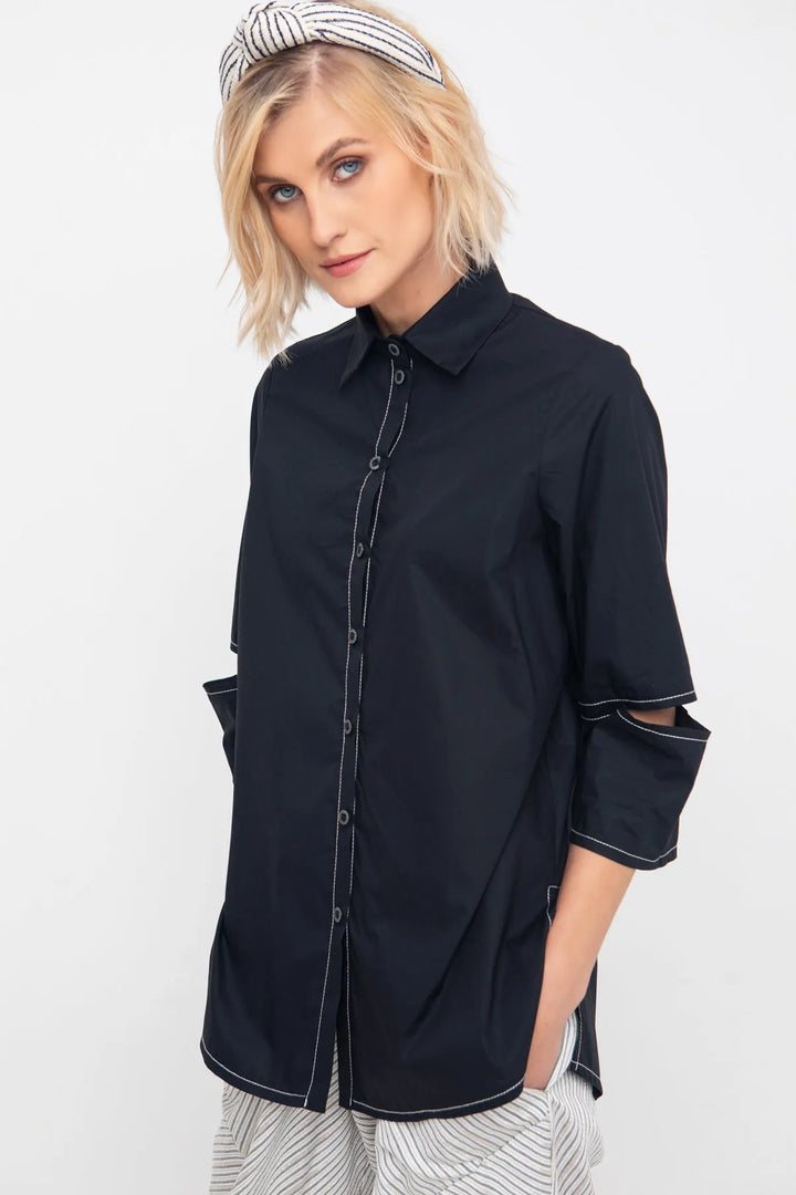 Ozai N Ku Topstitch Button-Down Shirt, Black