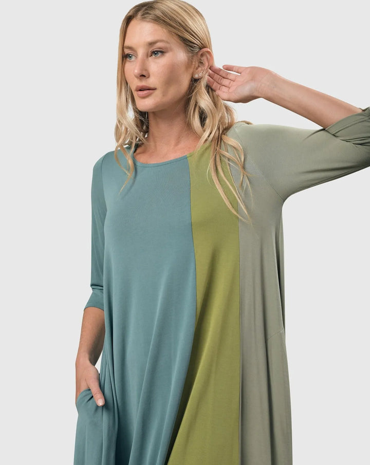 Tricolor Trapeze Maxi Dress, Teal/celery