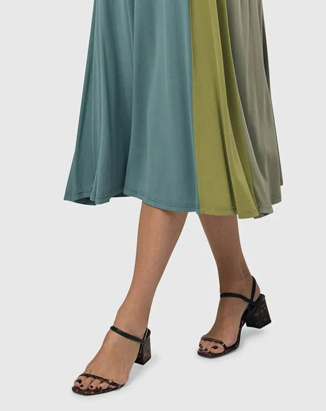 Tricolor Trapeze Maxi Dress, Teal/celery