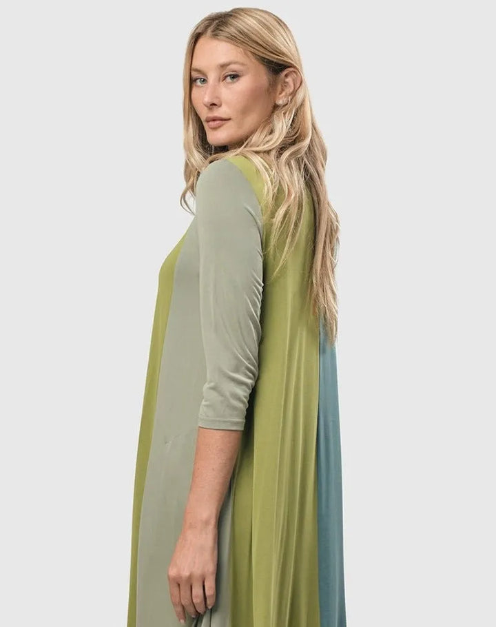 Tricolor Trapeze Maxi Dress, Teal/celery