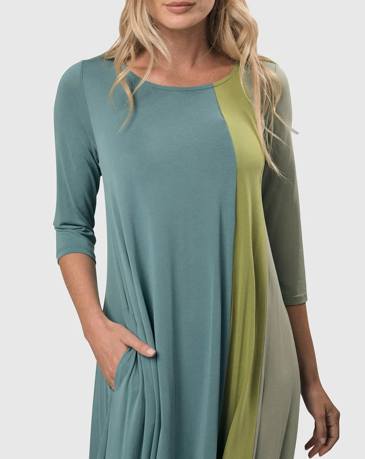 Tricolor Trapeze Maxi Dress, Teal/celery