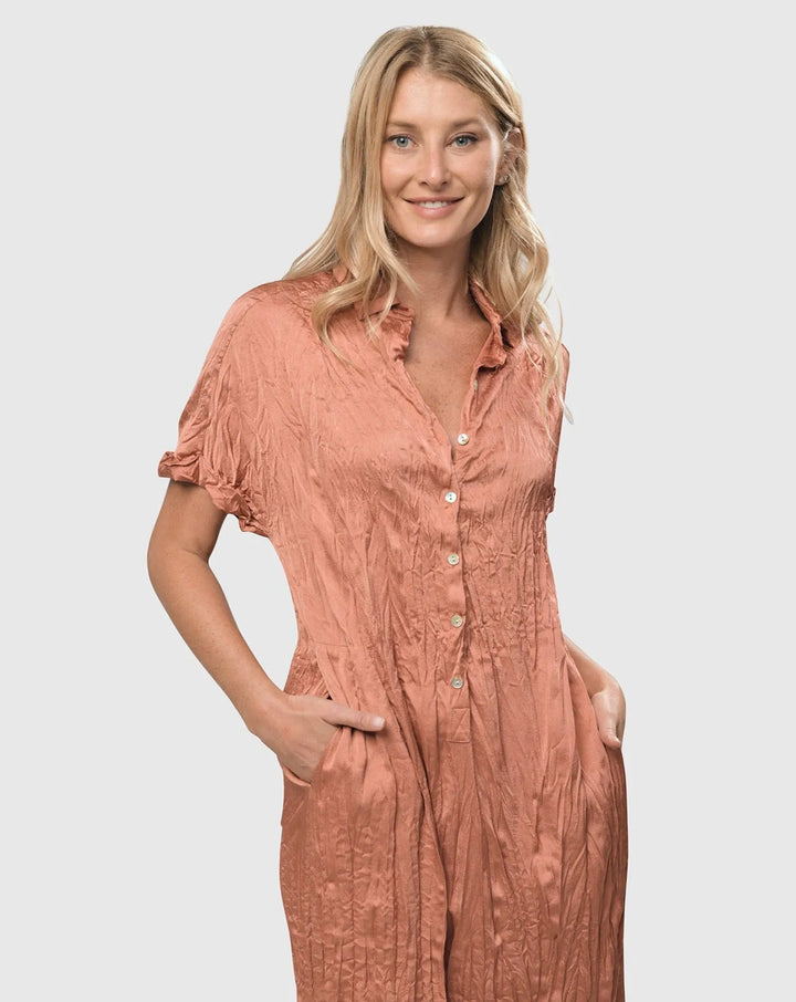 Crinkle Maxi Shirtdress, Coral