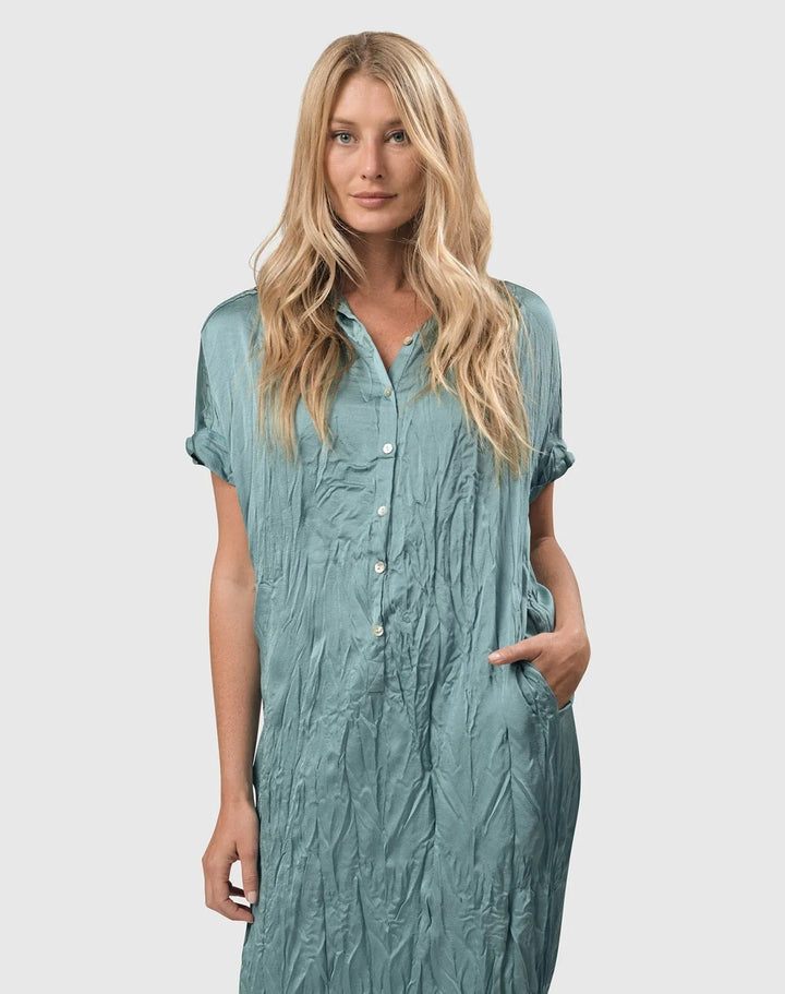 Crinkle Maxi Shirtdress, Teal