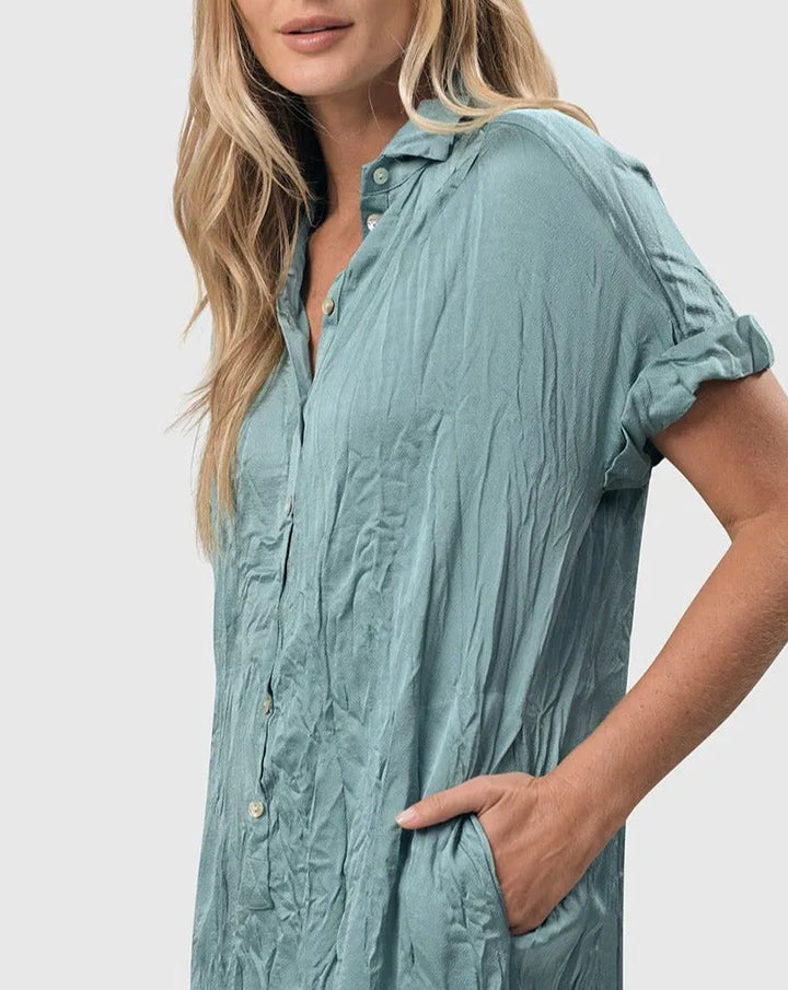 Crinkle Maxi Shirtdress, Teal
