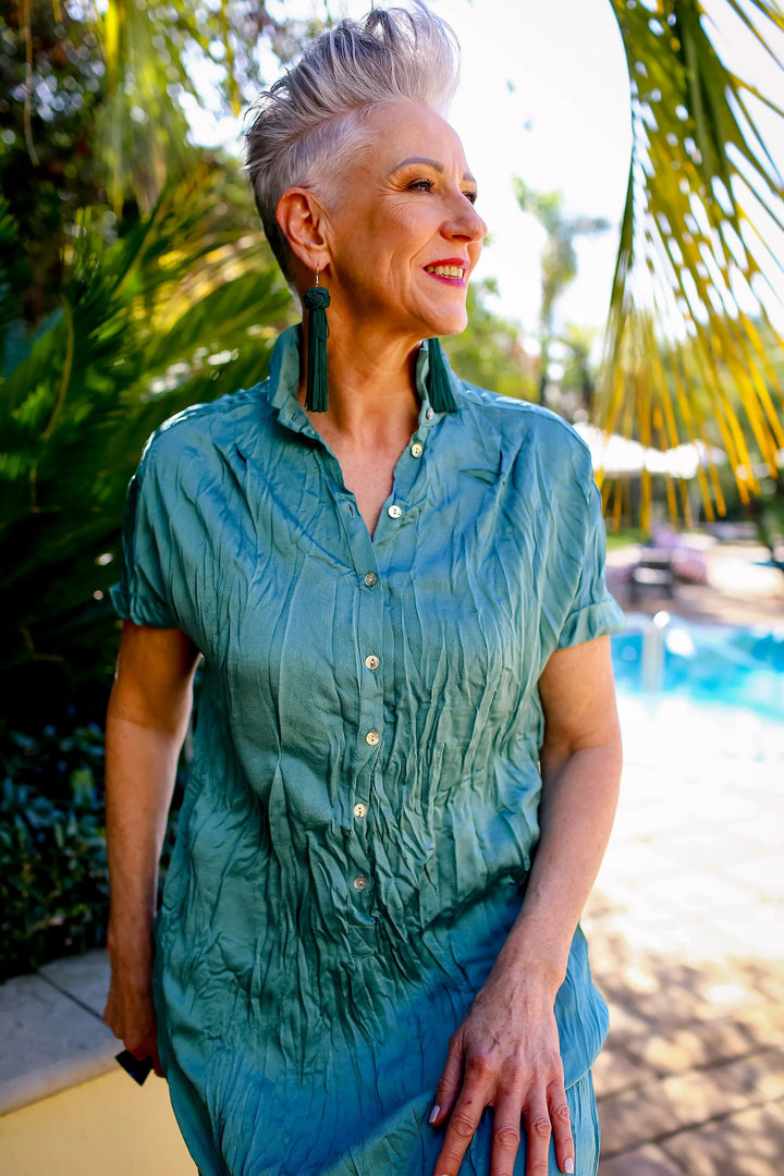 Crinkle Maxi Shirtdress, Teal
