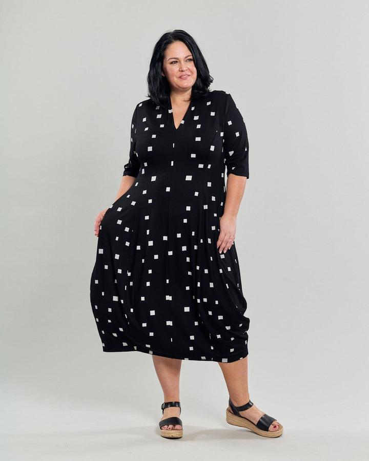 Carla Cocoon Midi Dress, Squares - Alembika Designer Women's Clothing