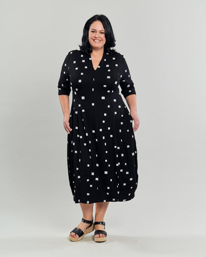 Carla Cocoon Midi Dress, Squares - Alembika Designer Women's Clothing