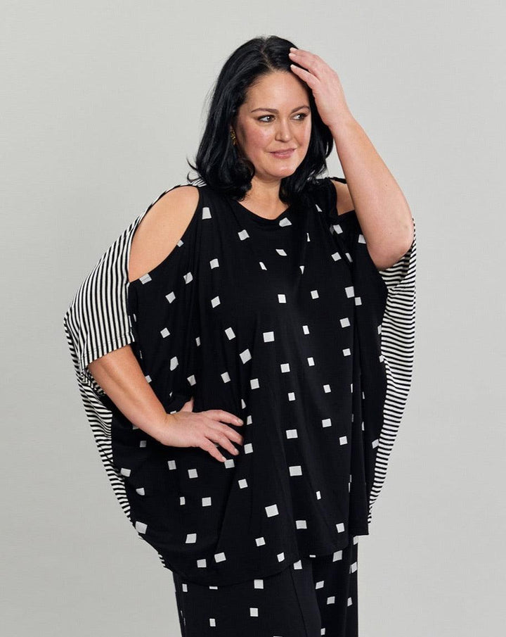 Boxy Dolman Cutout Top, Squares - Alembika Designer Women's Clothing