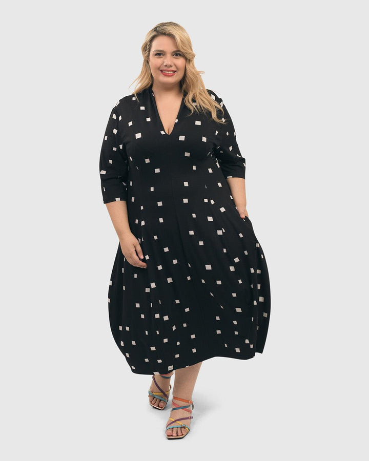 Carla Cocoon Midi Dress, Squares - Alembika Designer Women's Clothing