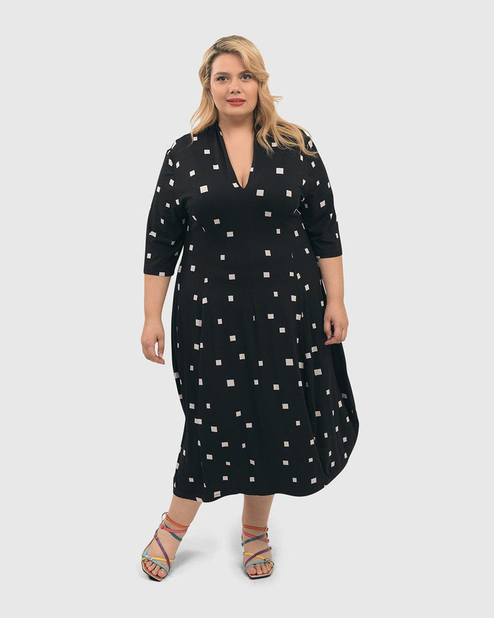 Carla Cocoon Midi Dress, Squares - Alembika Designer Women's Clothing