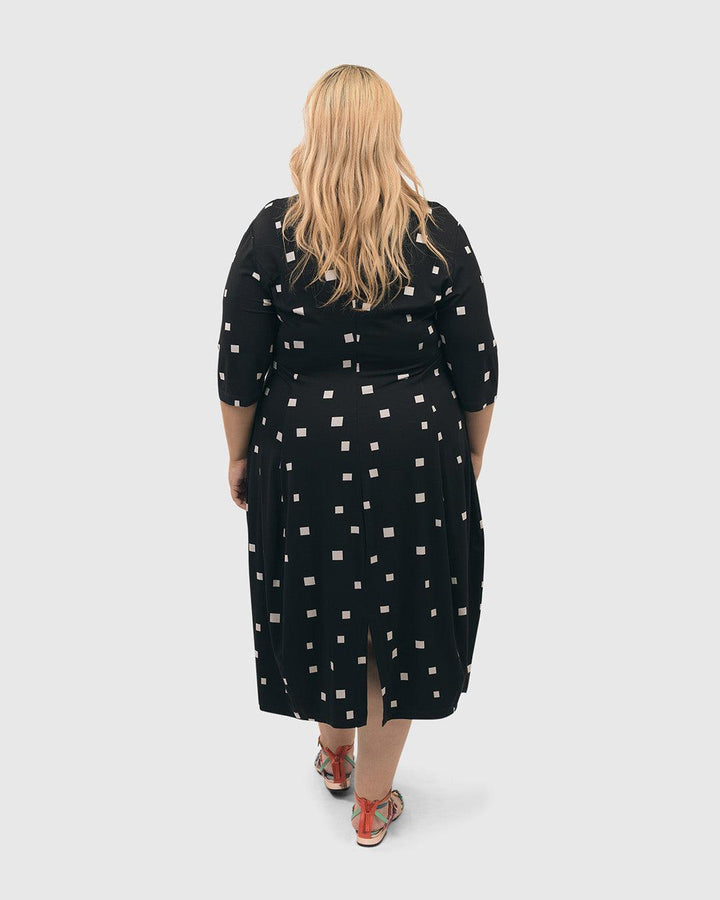 Carla Cocoon Midi Dress, Squares - Alembika Designer Women's Clothing