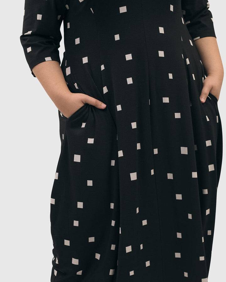 Carla Cocoon Midi Dress, Squares - Alembika Designer Women's Clothing