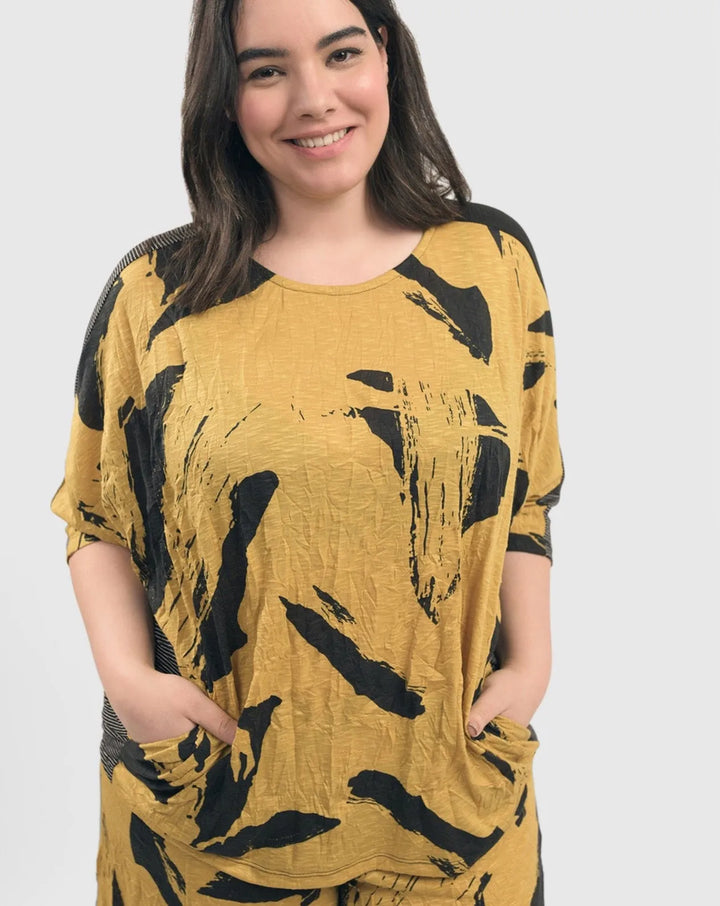 Yellow Crinkle Dolman Top for women over 50