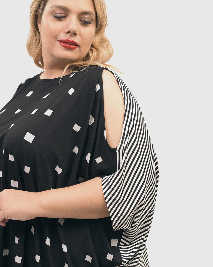 Boxy Dolman Cutout Top, Squares - Alembika Designer Women's Clothing