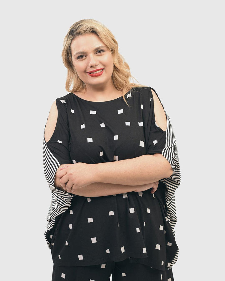 Boxy Dolman Cutout Top, Squares - Alembika Designer Women's Clothing