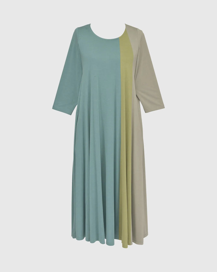 Tricolor Trapeze Maxi Dress, Teal/celery