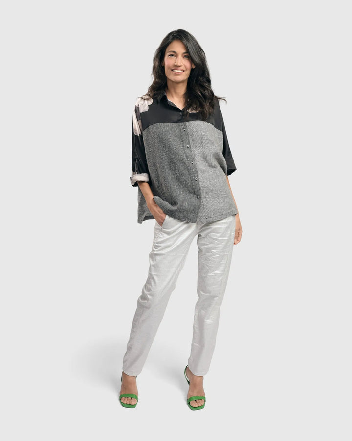 Mia Rose-Yoked Linen Shirt, Grey Mix