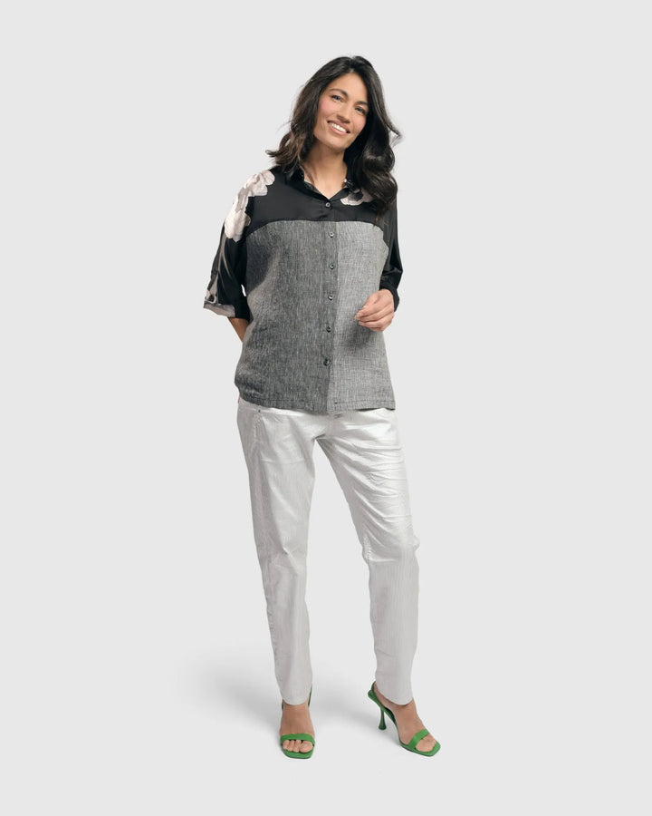 Mia Rose-Yoked Linen Shirt, Grey Mix