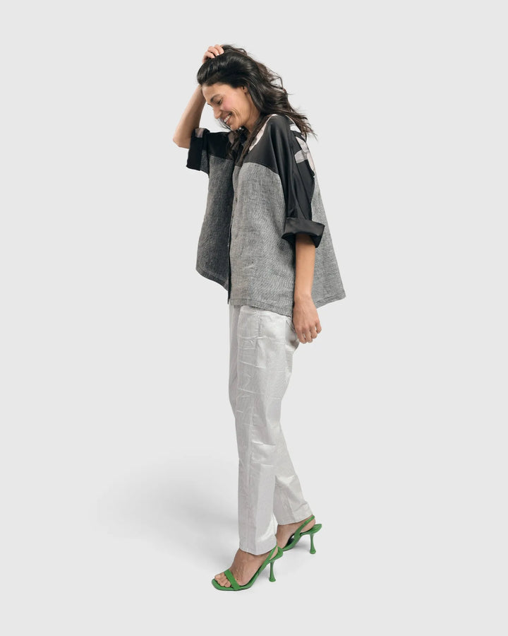 Mia Rose-Yoked Linen Shirt, Grey Mix