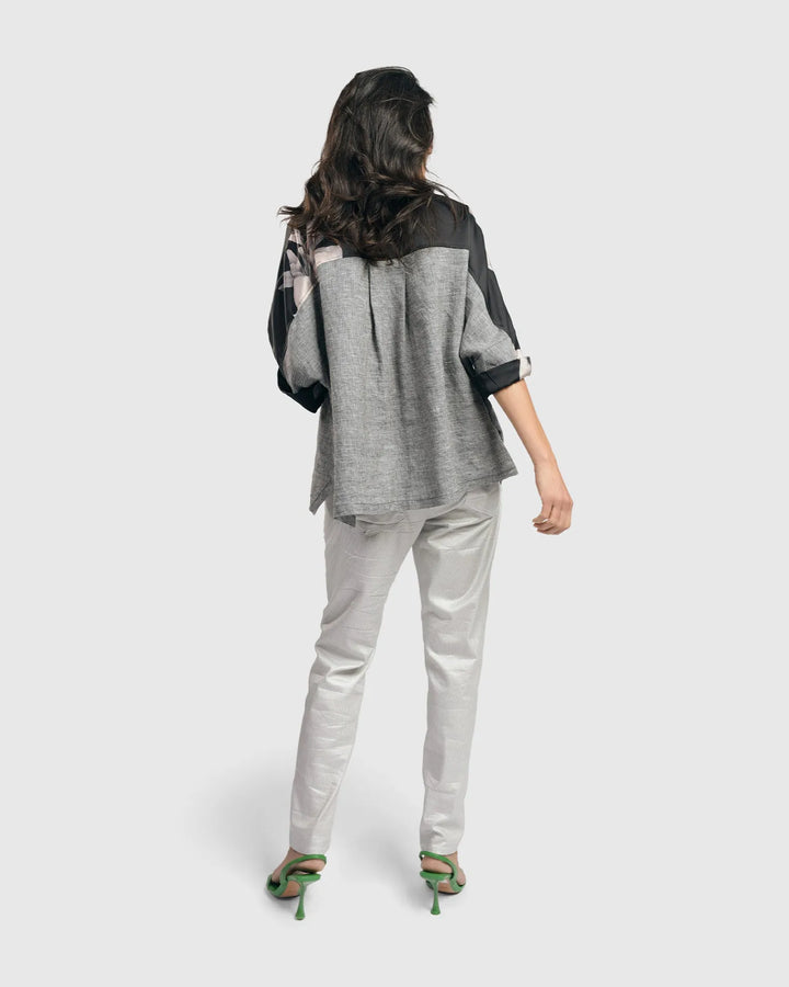 Mia Rose-Yoked Linen Shirt, Grey Mix