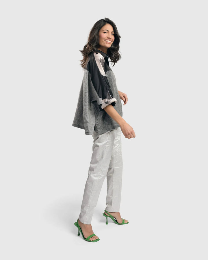 Mia Rose-Yoked Linen Shirt, Grey Mix