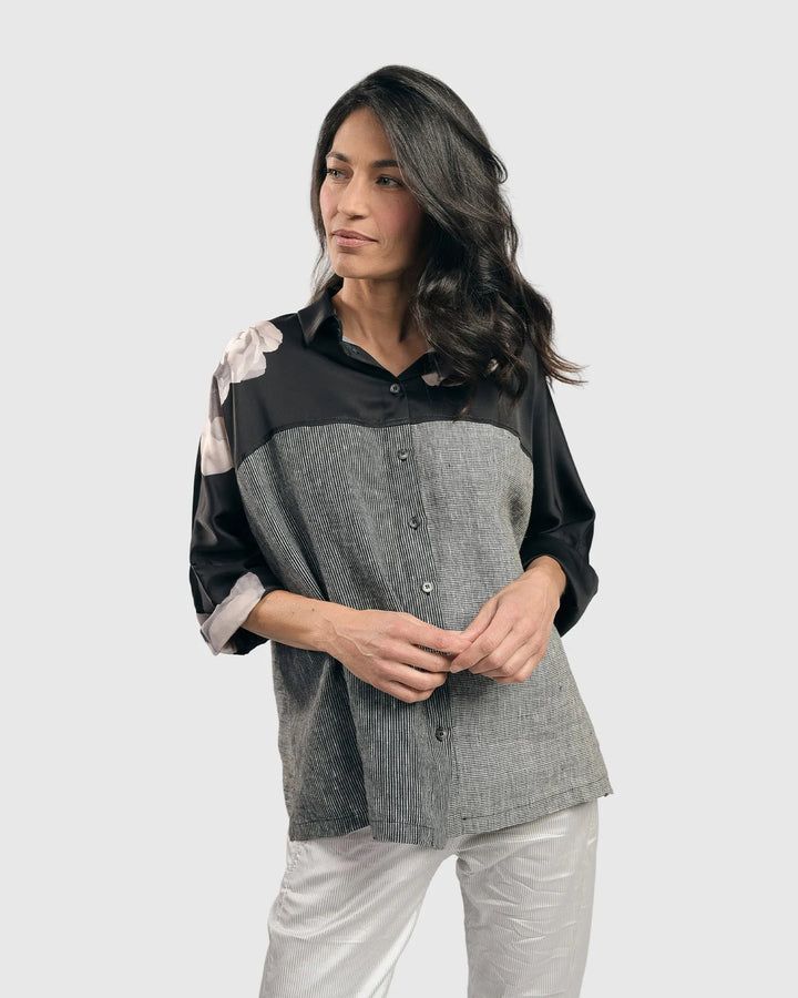 Mia Rose-Yoked Linen Shirt, Grey Mix
