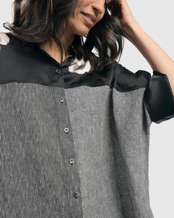 Mia Rose-Yoked Linen Shirt, Grey Mix