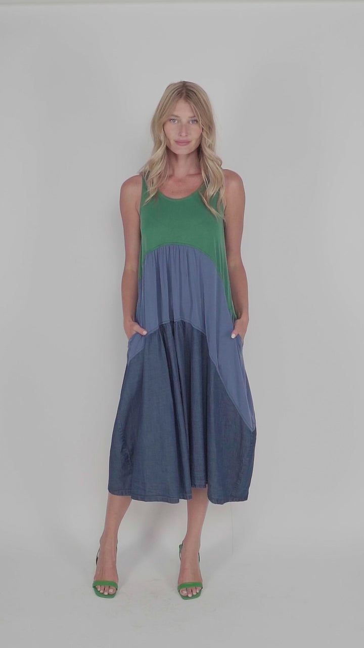 Fresh Colorblock Sleeveless Swing Dress, Ocean
