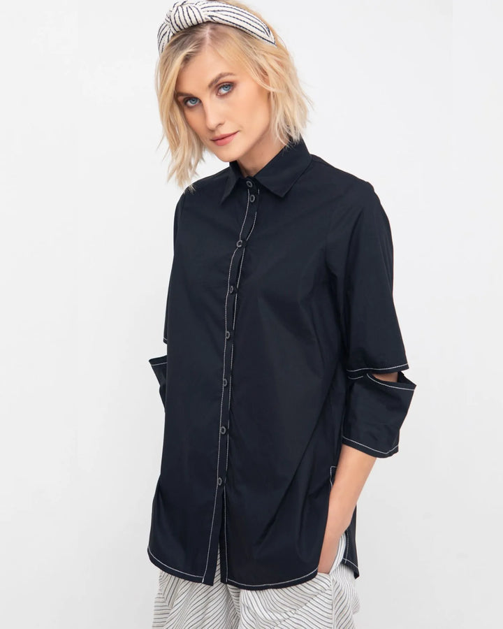 Ozai N Ku Topstitch Button-Down Shirt, Black