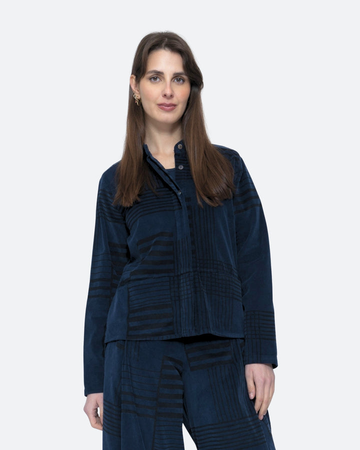 Blueberry Cord Shacket, Navy/Black Bars