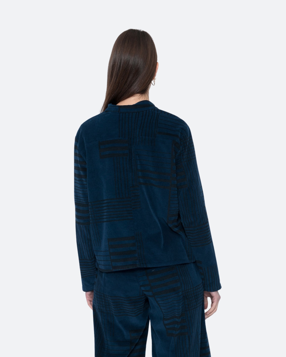 Blueberry Cord Shacket, Navy/Black Bars