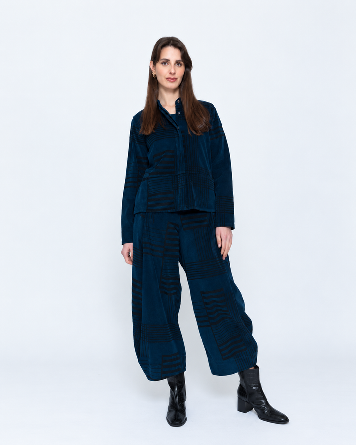 Blueberry Cord Shacket, Navy/Black Bars