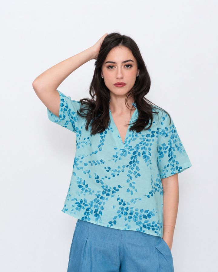 Blueberry Popover Top, Aqua Flora