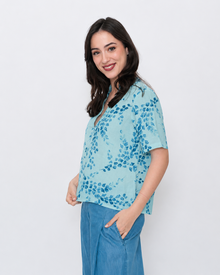 Blueberry Popover Top, Aqua Flora