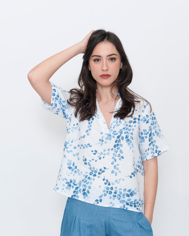 Blueberry Popover Top, White Flora