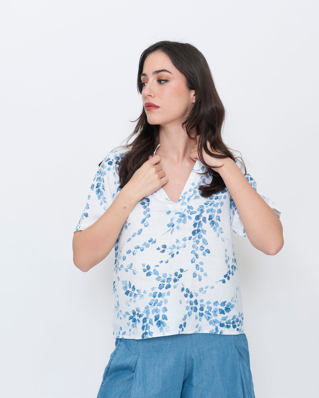 Blueberry Popover Top, White Flora