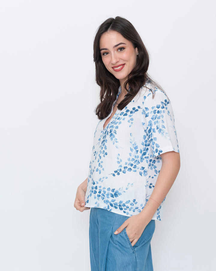 Blueberry Popover Top, White Flora